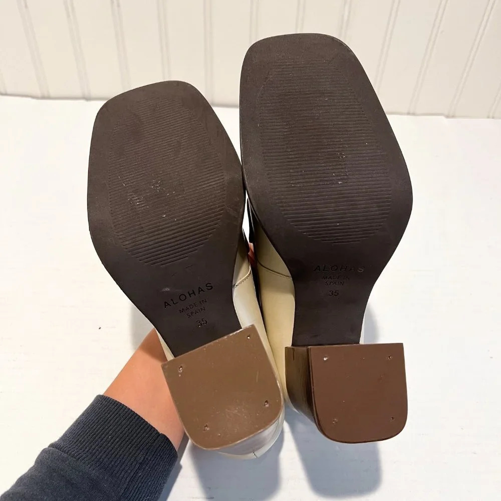 Alohas Busy Cream Square Toe Leather Academia Business Casual Loafer Heels 35 - Picture 10 of 13